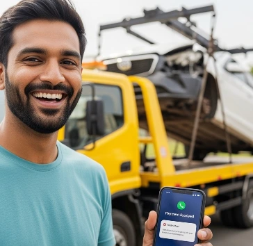 Happy customer after selling a vehicle for scrap, with a tow truck loading the car